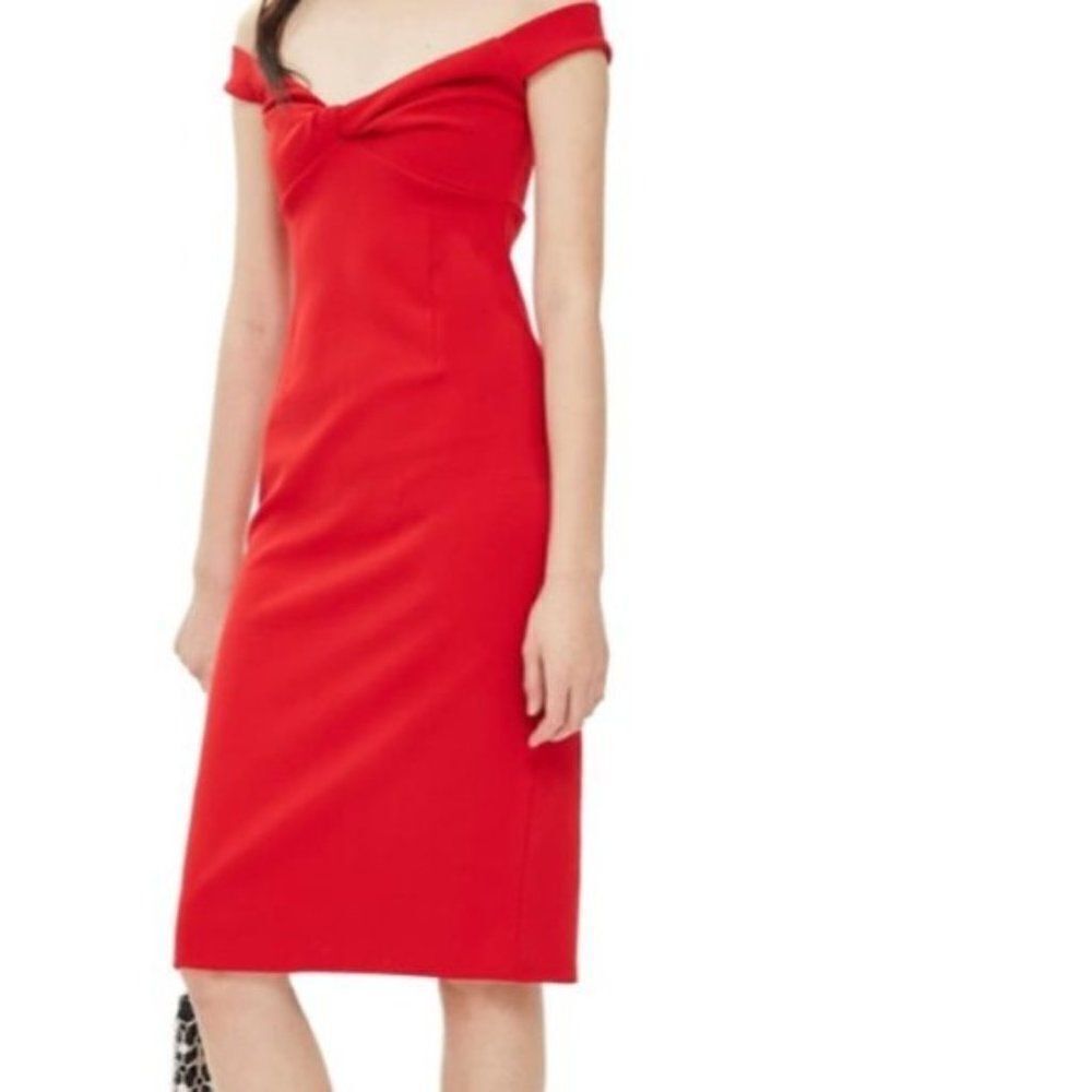 Topshop Twist Front Bardot Off Shoulder Dress - size 2 in Red.